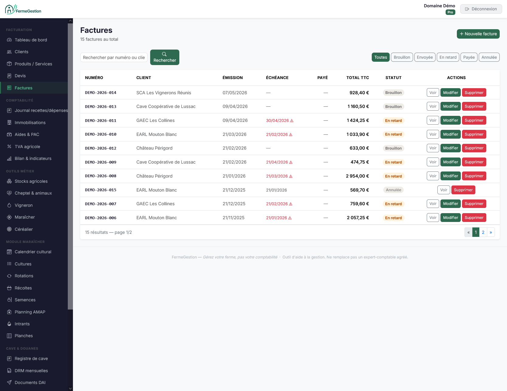 Module facturation FermeGestion — liste des factures avec statuts